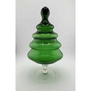 Vintage Empoli Italian Art Glass Green Christmas Tree Covered Candy Dish/Jar 70s